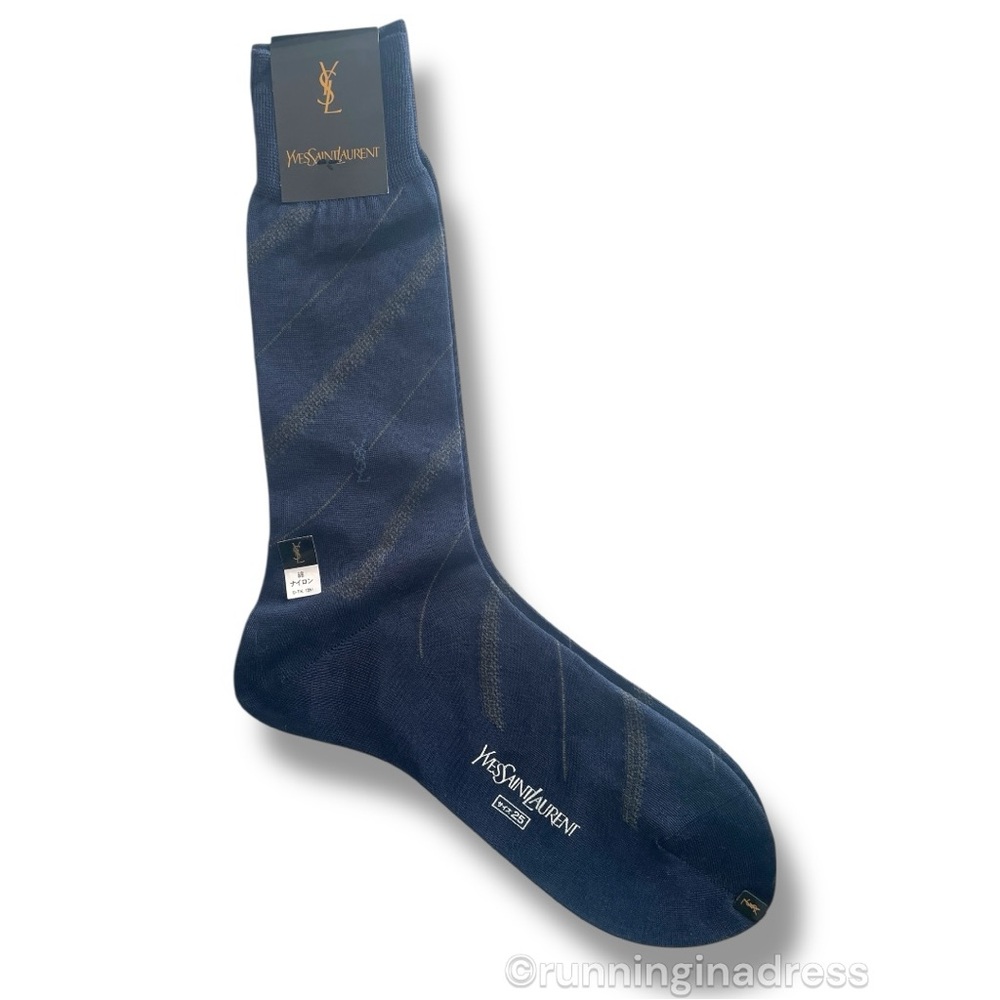 YSL Logo Men's Geometric Pattern YSL
Embroidery Dress Socks In Blue & Brown - Picture 3 of 9